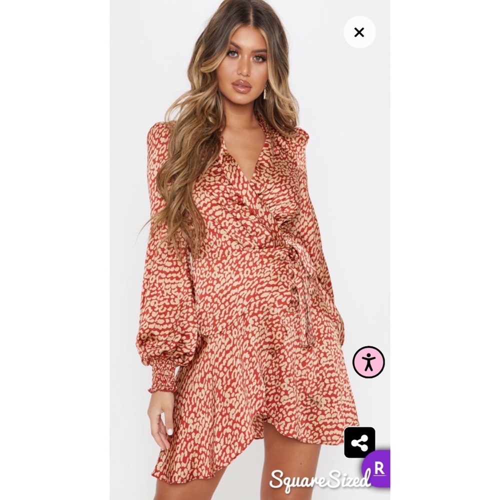Red Satin Leopard Print Wrap Frill Hem Shift Dress